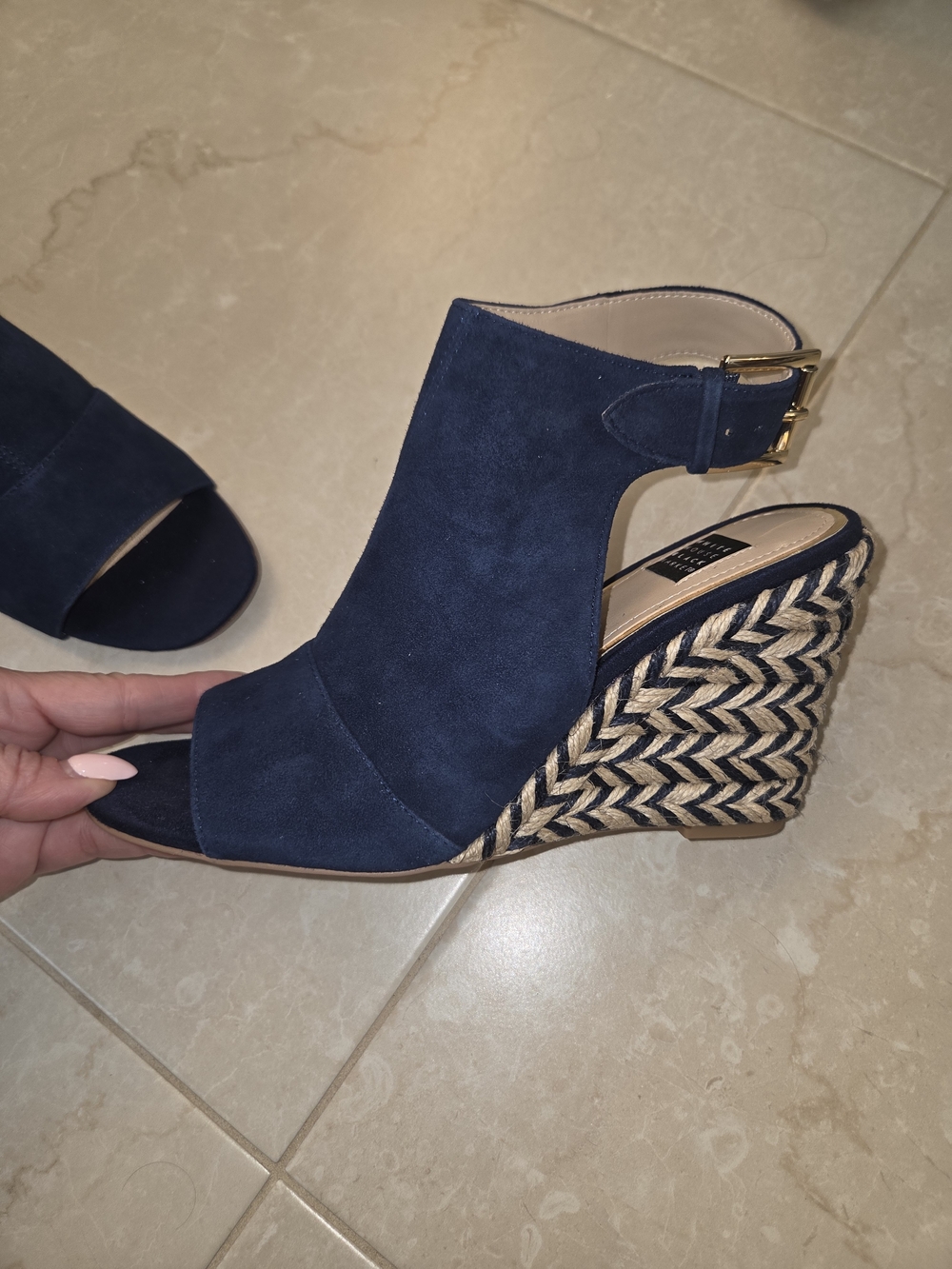 White House Black Market Navy Suede Espadrille Wedge Sandals